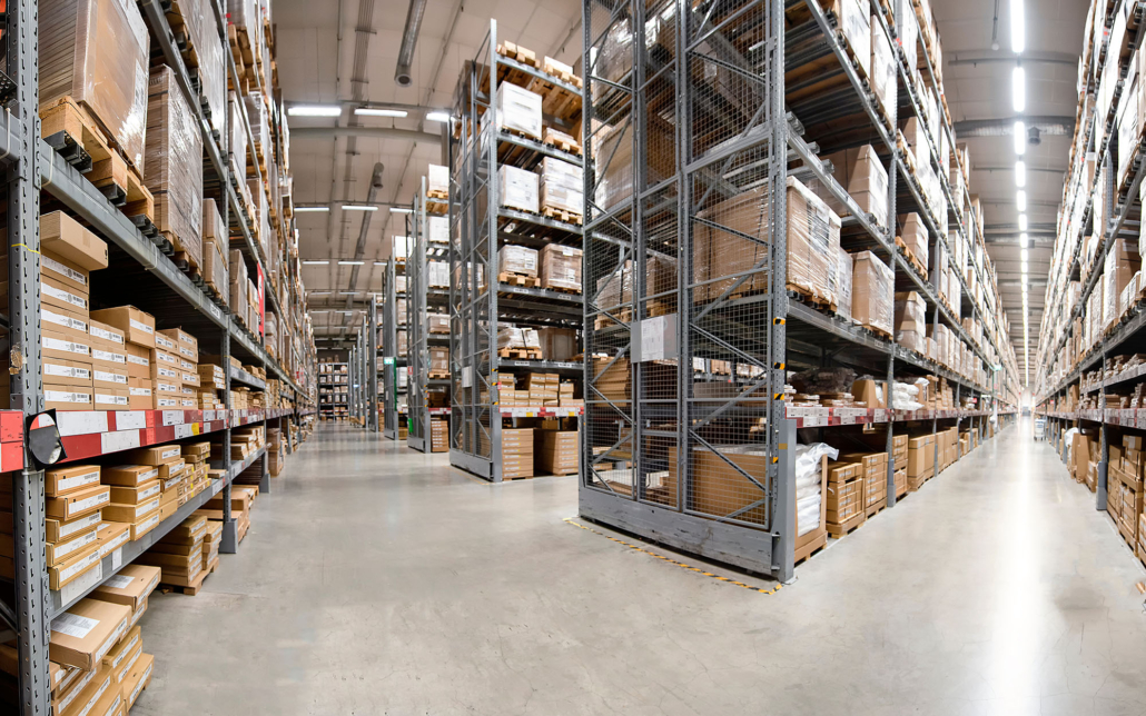 Side view of grey warehouse shelves